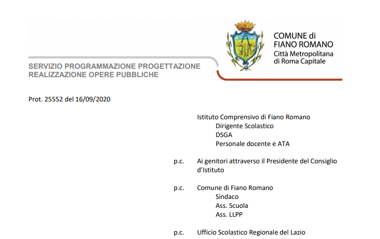 Riscontro alla nota 7335/U del 15/09/2020 della Dirigente Scolastica